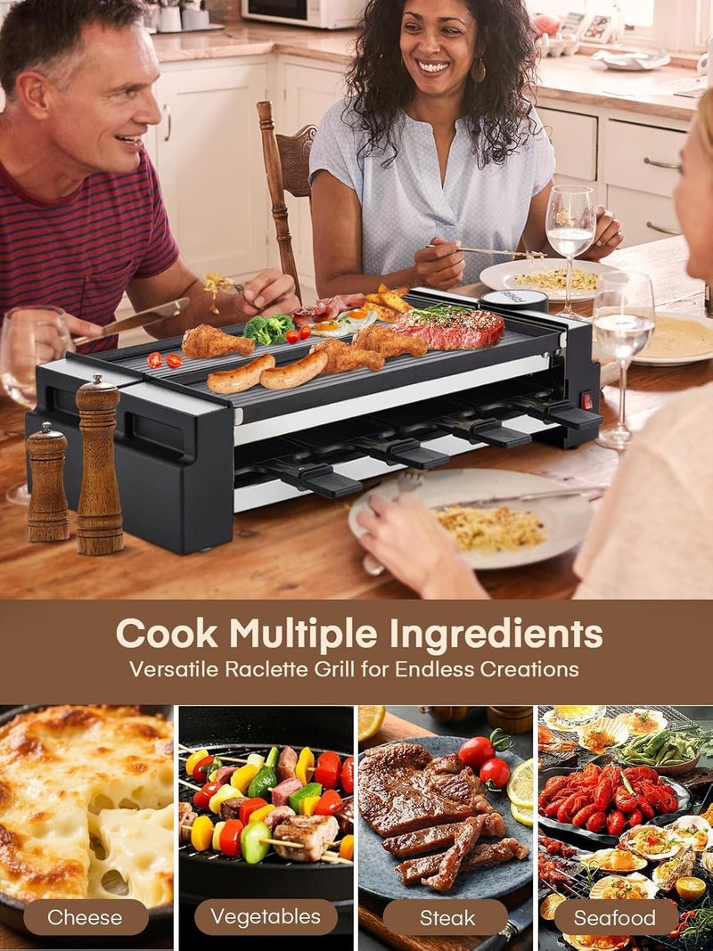 FOHERE Raclette Grill, 2-in-1 Rotatable Electric Indoor Raclette Table Grill, 1400W Raclette Machine for 8 with Reversible Non-Stick Plates, Includes 8 Cheese Pans for Family and Parties Fun - Image 2